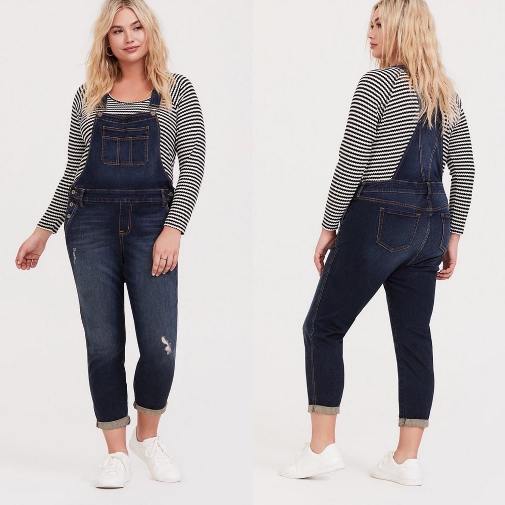 TORRID dark wash distressed overalls size 16